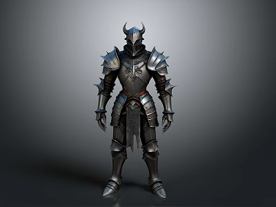 Man In Black Spiked Armor With Horned Helmet And Metallic Texture Standing 3d model