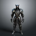 Man In Black Spiked Armor With Horned Helmet And Metallic Texture Standing