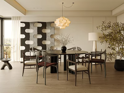 Modern Restaurant Interior With Dining Table Chairs Chandelier Decorative Wall And Natural Light 3d model