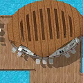 Shell Shaped Waterfront Café With Wooden Deck Bar Counter And Bar Stools