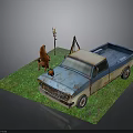 Vintage Blue Pickup Truck On Green Grassy Ground With Brown Chair And Tripod Lamp
