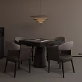 Modern Entertainment Table With Four Gray And White Chairs Pendant Light And Black Side Cabinet
