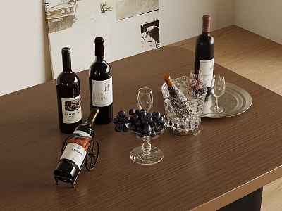Wine Bottles And Glasses On Brown Wooden Table With Grapes Decanter And Decorative Paintings 3d model