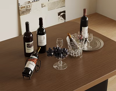 Wine Bottles And Glasses On Brown Wooden Table With Grapes Decanter And Decorative Paintings 3d model