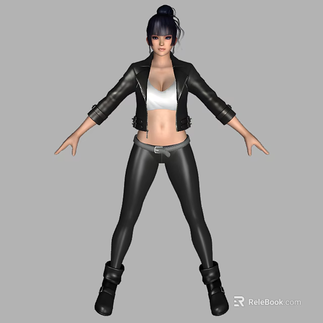 Woman In Black Leather Jacket White Tank Top And Leather Pants Posing With Arms Outstretched 3d model 