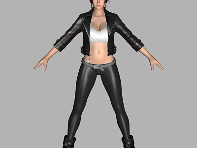 Woman In Black Leather Jacket White Tank Top And Leather Pants Posing With Arms Outstretched 3d model