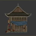 Traditional Chinese Wooden Architecture With Tile Roof Eaves Red Lanterns Bamboo Curtains And Blue Canopy