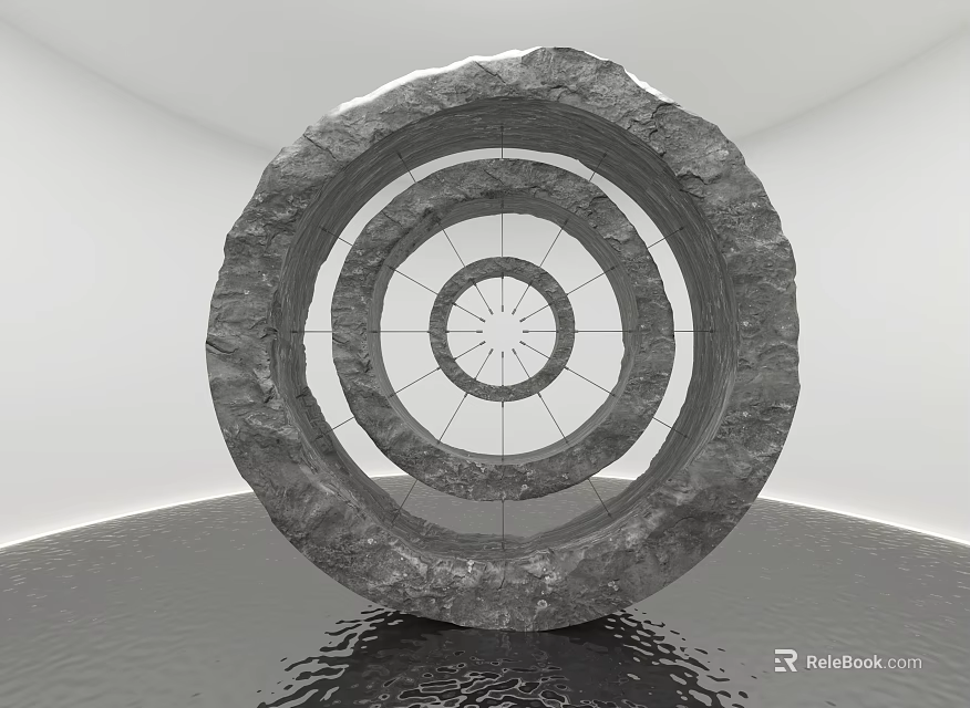 Circular Stone Art Installation With Multiple Concentric Rings And Water Reflection In White Gallery Space 3d model 
