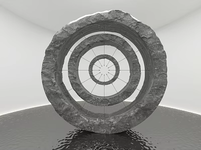 Circular Stone Art Installation With Multiple Concentric Rings And Water Reflection In White Gallery Space 3d model
