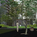 Elegant Modern Commercial Street with High Rise Buildings Glass Pavilion Trees Pond and Leisure Area