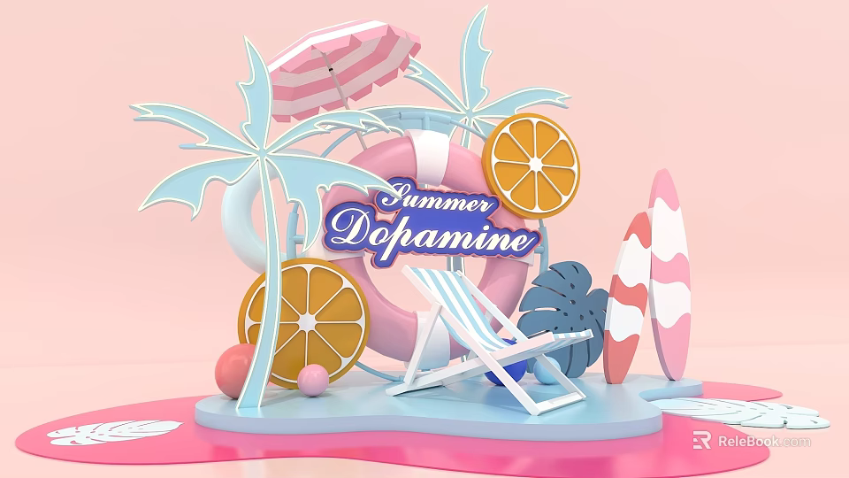 Summer Dopamine Scene with Pink Striped Umbrella Palm Trees Lifebuoy Orange Slices Lounge Chair Surfboards 3d model 