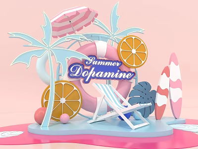 Summer Dopamine Scene with Pink Striped Umbrella Palm Trees Lifebuoy Orange Slices Lounge Chair Surfboards 3d model