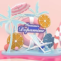 Summer Dopamine Scene with Pink Striped Umbrella Palm Trees Lifebuoy Orange Slices Lounge Chair Surfboards