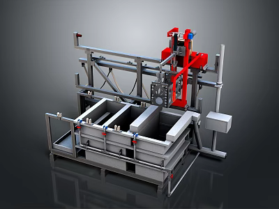 Industrial Processing Equipment With Metal Frame Red Mechanical Parts And Square Tanks 3d model
