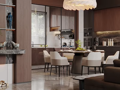 Elegant Modern Dining and Living Room Interior With Wooden Cabinets Pendant Light And Sofa 3d model