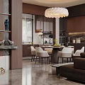 Elegant Modern Dining and Living Room Interior With Wooden Cabinets Pendant Light And Sofa