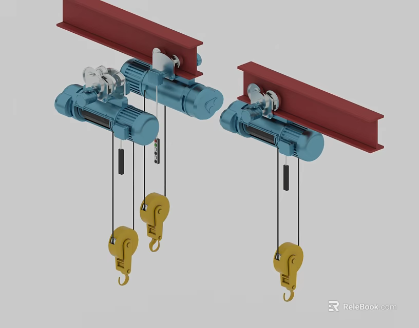 Industrial Electric Hoists Mounted On Red Rails With Yellow Hooks For Lifting 3d model 
