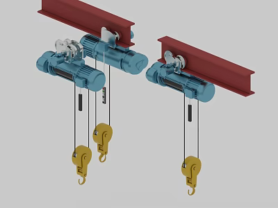 Industrial Electric Hoists Mounted On Red Rails With Yellow Hooks For Lifting 3d model