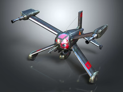 Futuristic Metallic Flying Vehicle With Red Accents Multiple Arms And Landing Gear 3d model