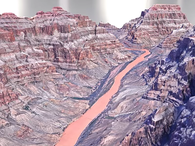 Grand Canyon Scenic Landscape With Red River Through Layered Rocky Mountains 3d model