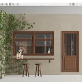 Green Vines Decorated Wall With Wooden Window Door And Small Bar Counter Stools