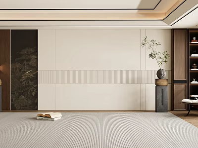 Modern Sofa Background Wall Design With Beige Panel Simple Lines And Potted Plant 3d model