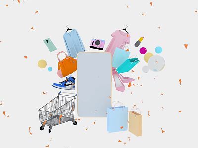 E-commerce Shopping Collection With Mobile Phone Shopping Cart Apparel Handbag Shoes And Confetti 3d model