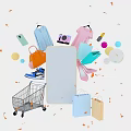 E-commerce Shopping Collection With Mobile Phone Shopping Cart Apparel Handbag Shoes And Confetti