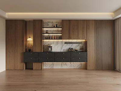 Modern Sideboard With Wooden Cabinets Marble Countertop Coffee Machine Shelves And Lamp In Open Space 3d model