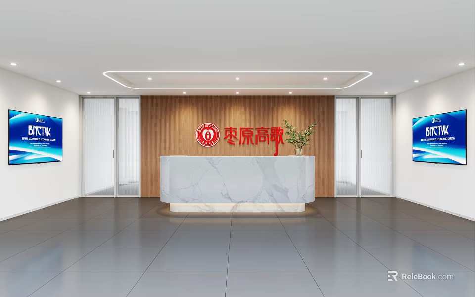 Bright Modern Office Reception Space With Marble Counter And Brand Logo Feature Wall 3d model 