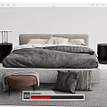 Modern Double Bed With Gray Bedding Pillows Stool Bedside Tables And Rug 3d model