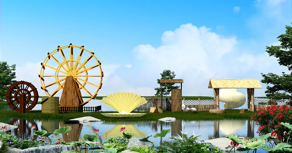 Scenic Garden Ornaments With Yellow Waterwheel Shell Shaped Ornament Wooden Pavilion And Lotus Pond 3d model 