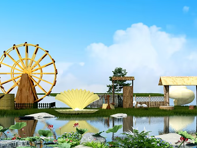Scenic Garden Ornaments With Yellow Waterwheel Shell Shaped Ornament Wooden Pavilion And Lotus Pond 3d model
