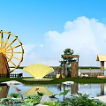Scenic Garden Ornaments With Yellow Waterwheel Shell Shaped Ornament Wooden Pavilion And Lotus Pond