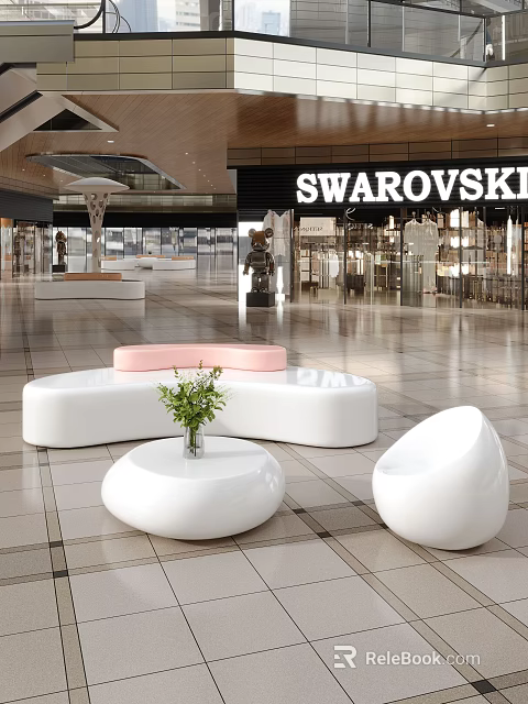 Swarovski Mall Store Modern Interior With White Pink Seating And Green Plant Decor 3d model 