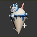Dripping Blue And White Ice Cream Cone With Rabbit Ear Design And Pink Straw