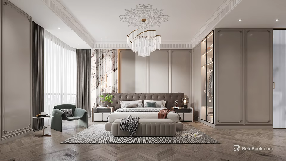 Luxurious Modern Bedroom Interior With Decorative Ceiling Chandelier Walk In Closet And Large Windows 3d model 