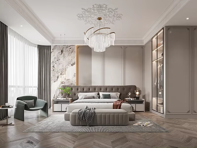 Luxurious Modern Bedroom Interior With Decorative Ceiling Chandelier Walk In Closet And Large Windows 3d model