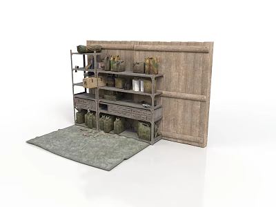 Wooden Storage Shelf With Bags Crates And Rug Next To Wooden Panel 3d model