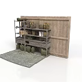 Wooden Storage Shelf With Bags Crates And Rug Next To Wooden Panel