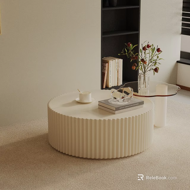 Modern Sofa and Round White Ribbed Coffee Table with Books Decorative Items and Flower Vase 3d model 