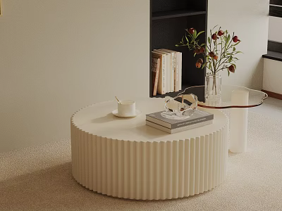 Modern Sofa and Round White Ribbed Coffee Table with Books Decorative Items and Flower Vase 3d model