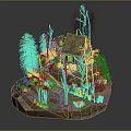 Cartoon Scene Featuring Old House With Mossy Roof Pine Trees Dead Trees And Path