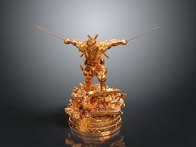 Golden Warrior Statue In Standing Pose Holding Swords With Dragon Pattern Base 3d model