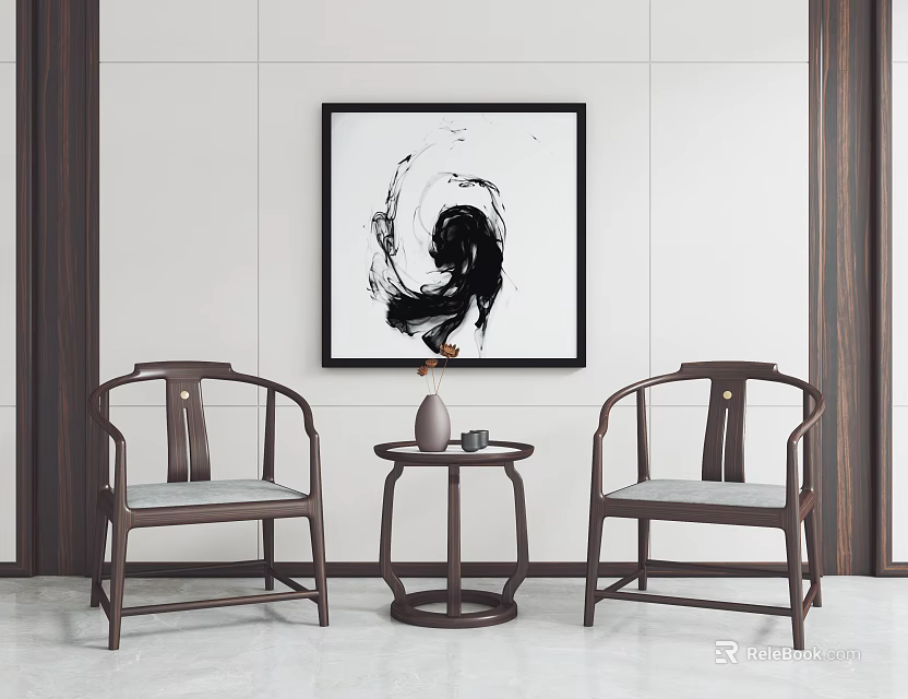 Brown Wooden Chairs With Small Round Table And Abstract Wall Painting 3d model 