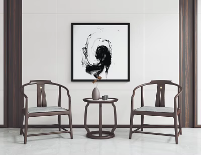 Brown Wooden Chairs With Small Round Table And Abstract Wall Painting 3d model