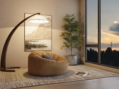 Round Brown Lazy Sofa With Blue Cushion Near Floor Lamp Green Plant Sunset Window View 3d model