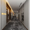 Modern Hotel Corridor Interior Design With Patterned Carpet And Room Number Signs 3d model