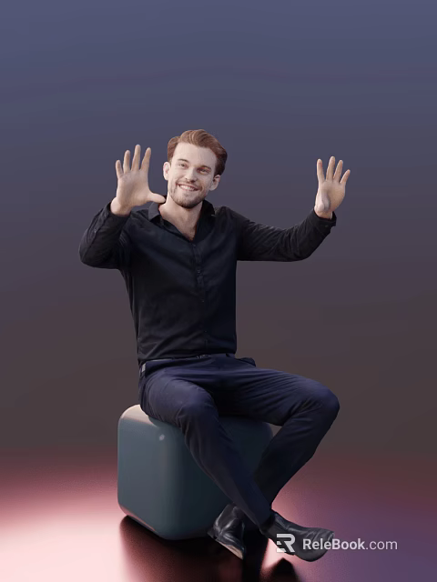 Man Sitting On Green Stool Raising Hands With Palms Out In Black Shirt And Blue Pants 3d model 