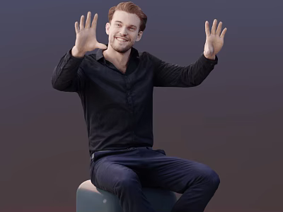Man Sitting On Green Stool Raising Hands With Palms Out In Black Shirt And Blue Pants 3d model